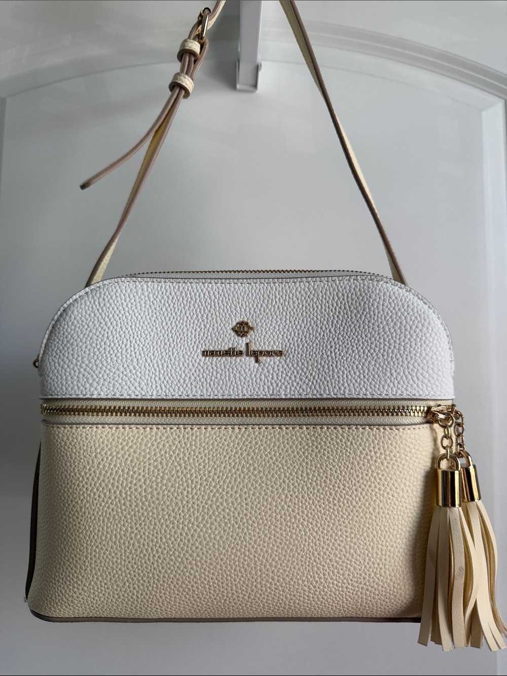 Nanette Lepore White and Cream Two-Tone Leather Crossbody with Tassel